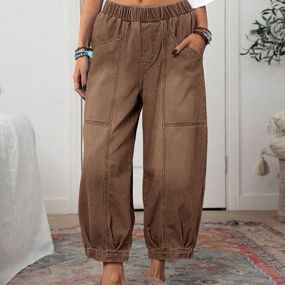 Coffee Brown Casual Women's Elastic Waist Loose Tapered Jeans - Picture 5 of 6